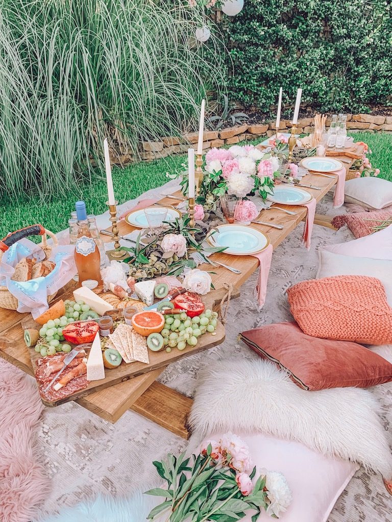 outdoor table setting with pink peonies