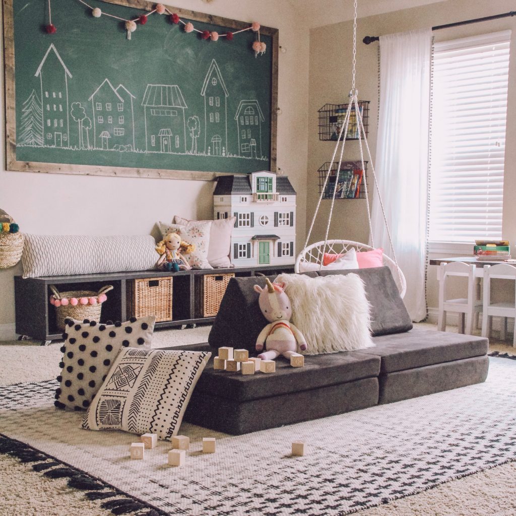 kids playroom with chalkboard wall