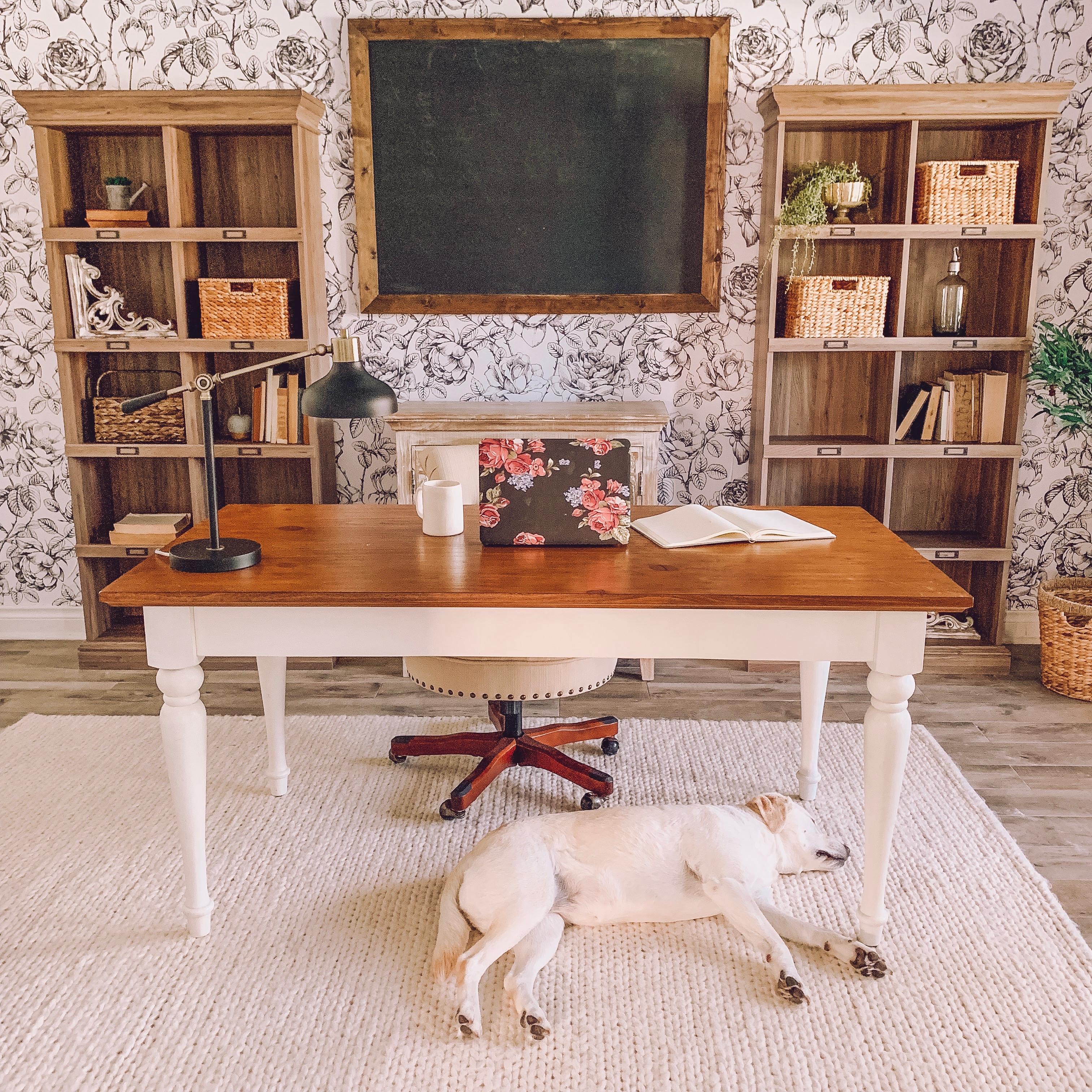 A Modern Farmhouse Office with Removable Wallpaper