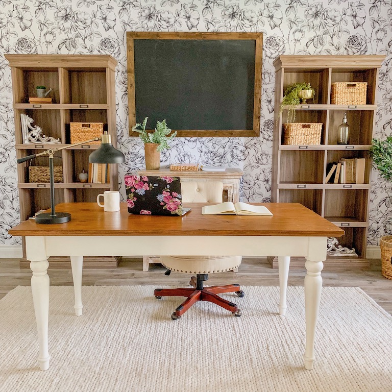 modern farmhouse office with black and white floral wallpaper