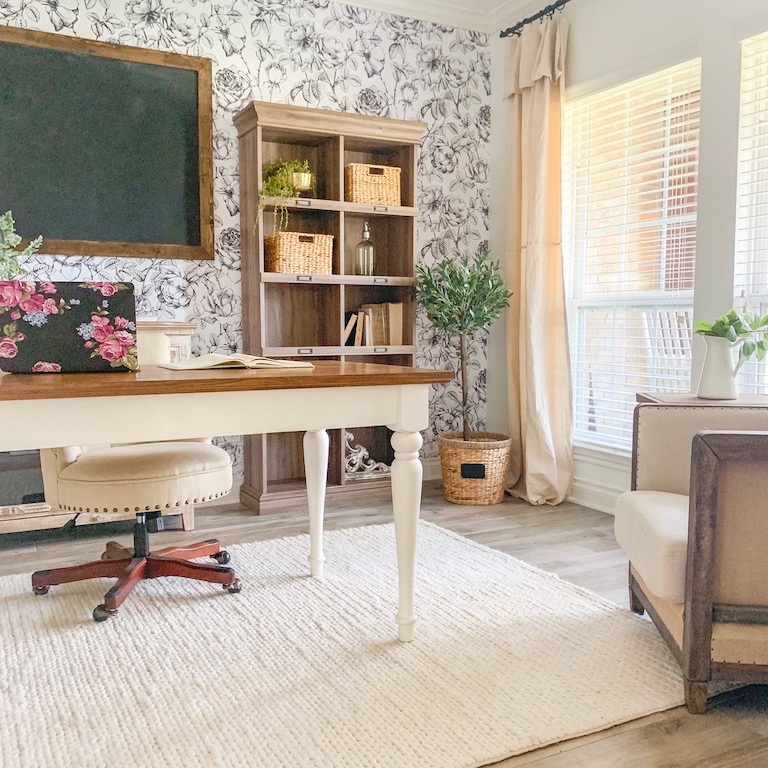 a modern farmhouse office painted in pure white