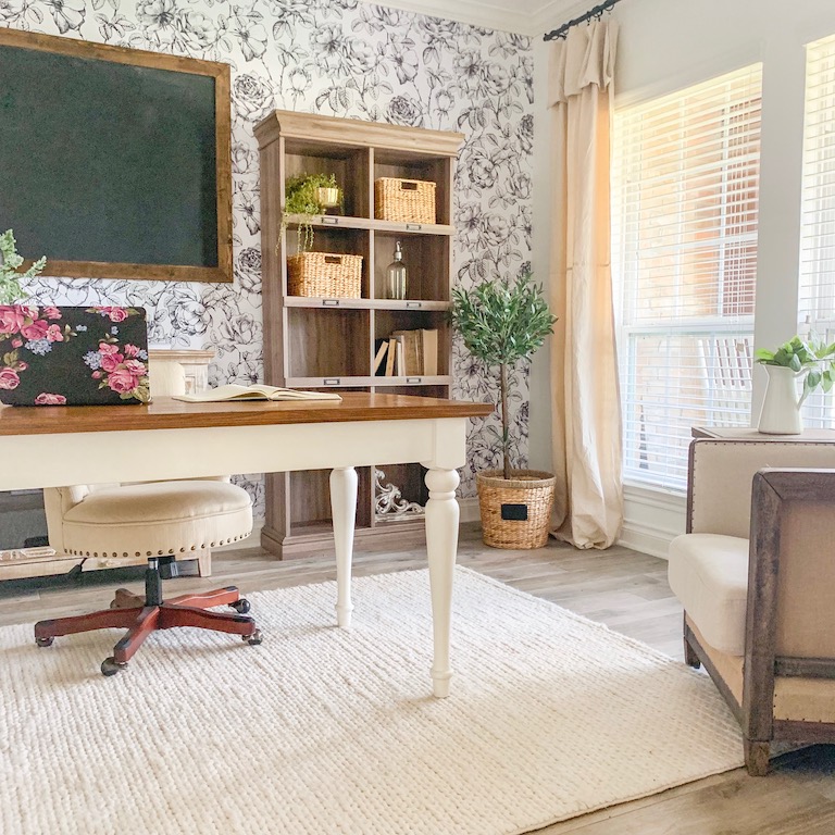 A Modern Farmhouse Office with Removable Wallpaper