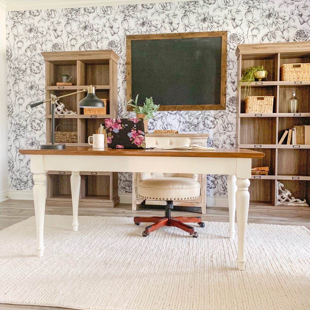 a modern farmhouse office with removable wallpaper