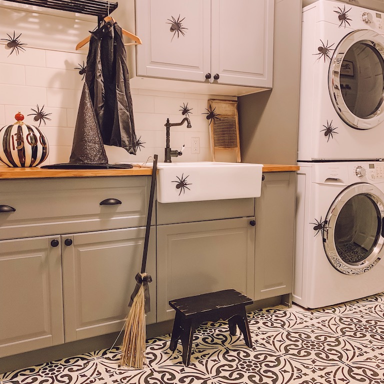 halloween laundry room with spiders