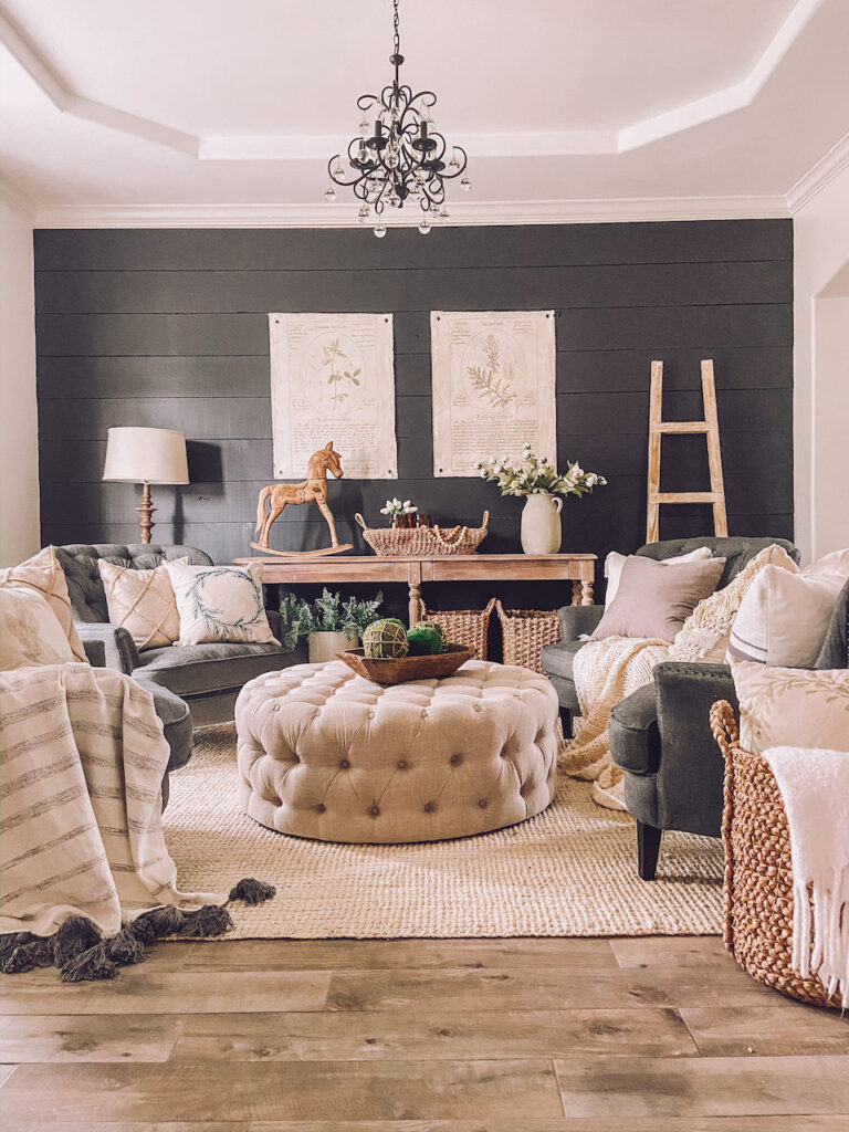 sitting room decor farmhouse style with a dark contrast wall 