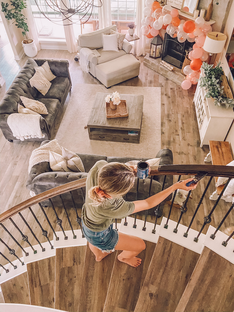 painted staircase banister with gel stain