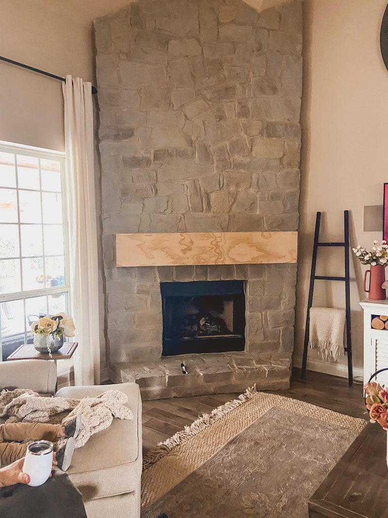 diy faux wood beam mantle