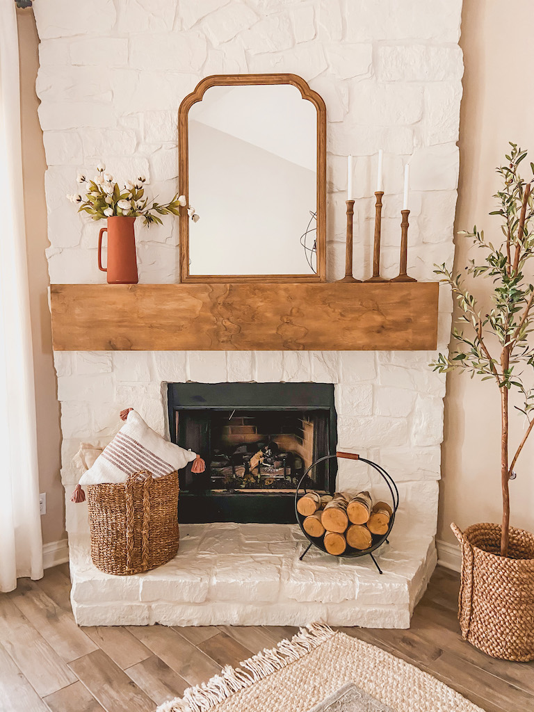 white painted stone fireplace