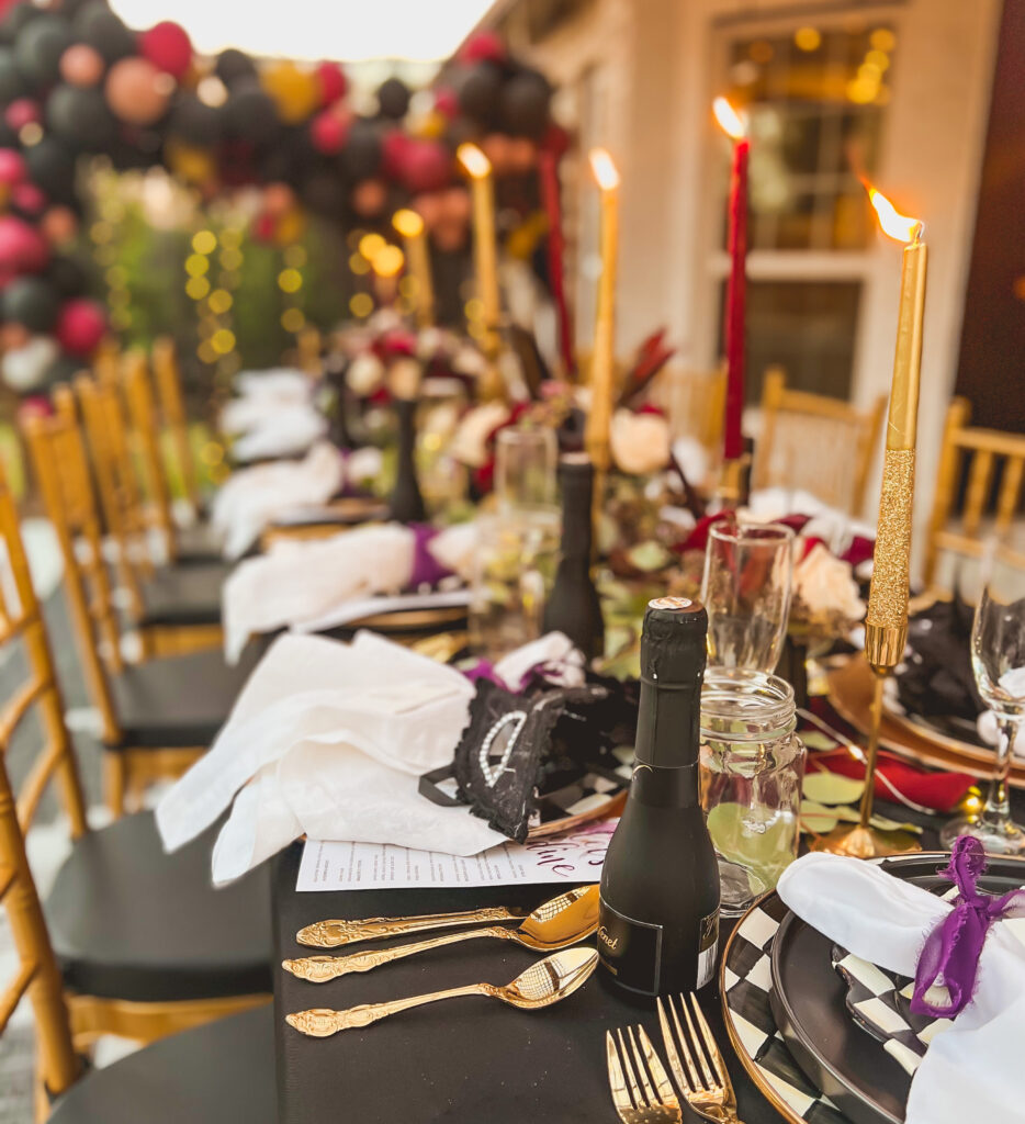 Halloween party table with black tablecloth