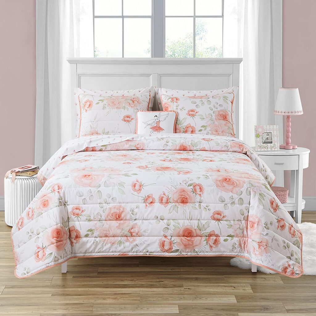 Watercolor flower bedspread with ballerina accents