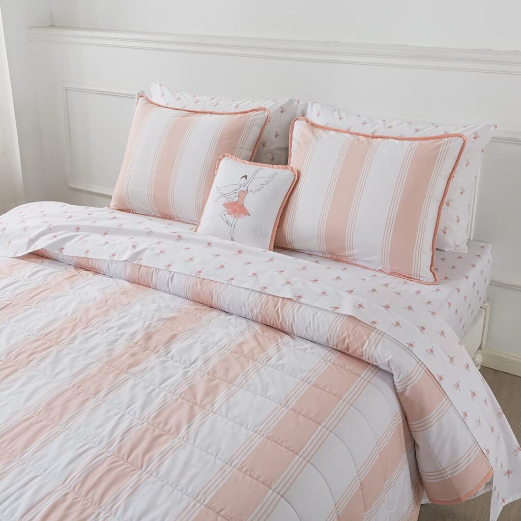 Pink stripe quilt with ballerina patterned sheets and pillow