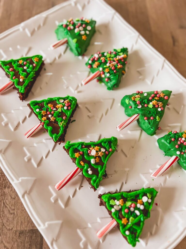 Christmas Tree Brownies with Green frosting and sprinkles