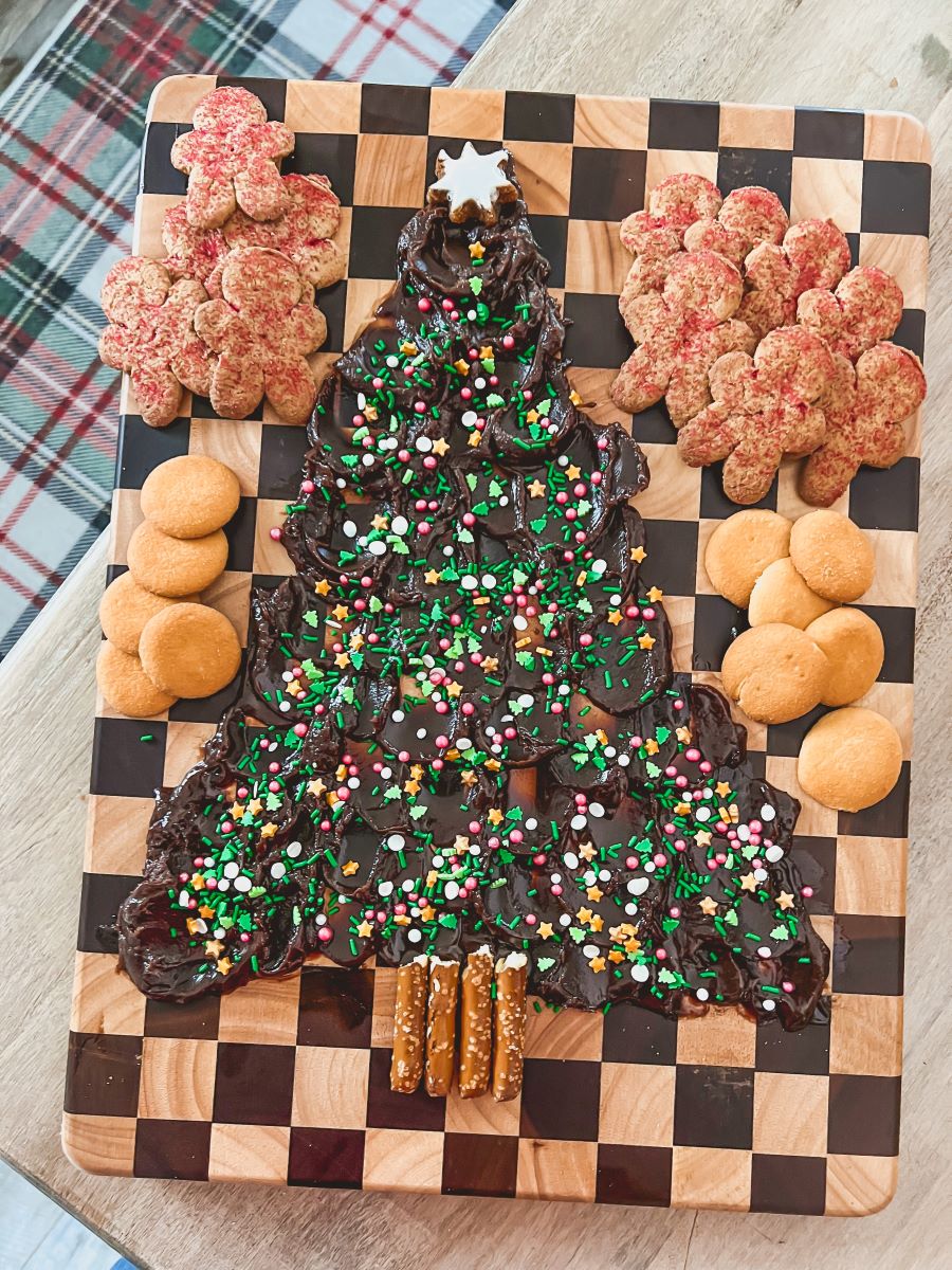 Christmas tree butter board on wooden serving tray