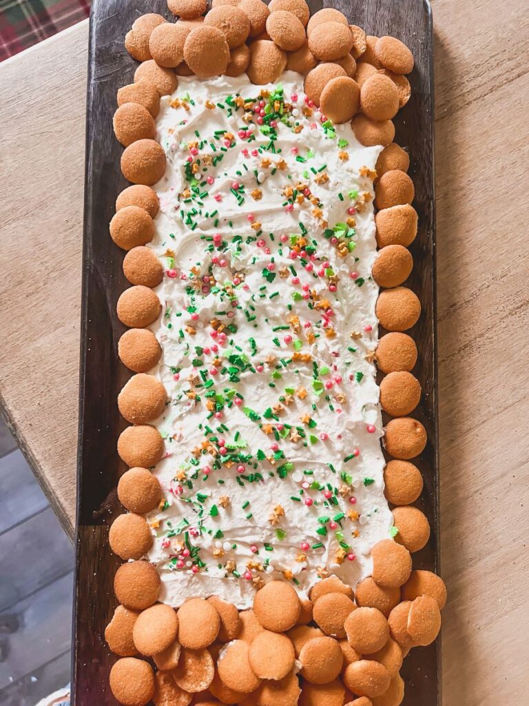 Long rectangular tray with easy Christmas dip and vanilla wafers