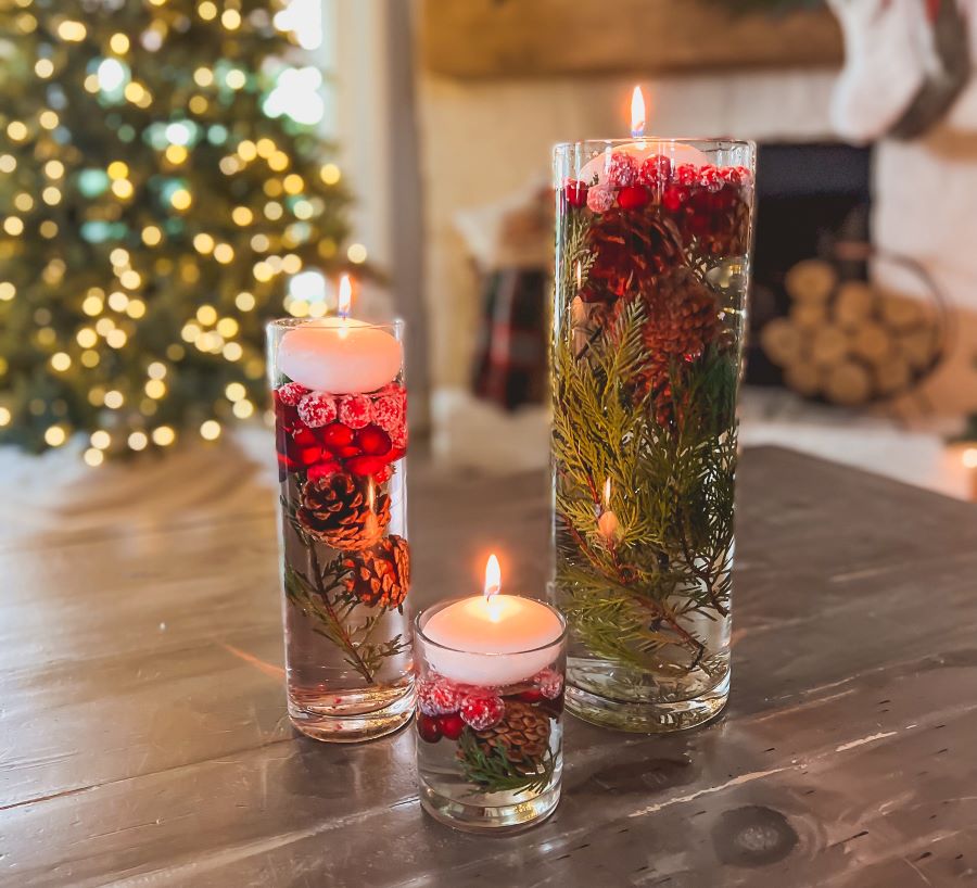 Simple Candle Centerpiece for the holidays on a coffee table