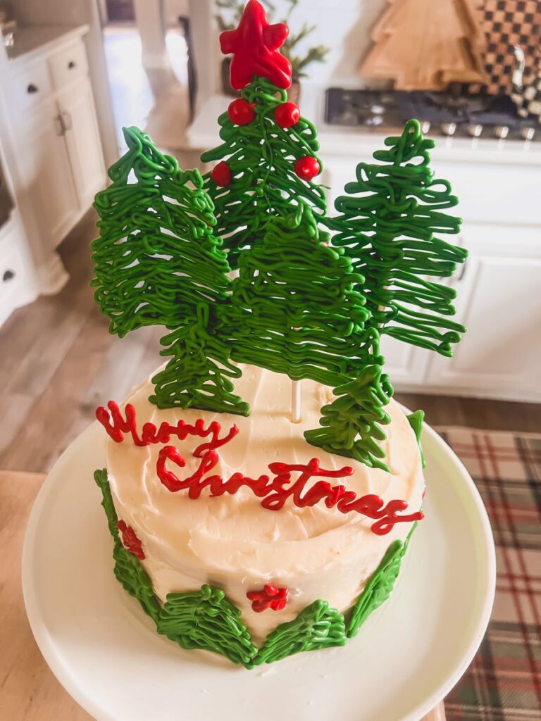 Top view of a Christmas Cake with chocolate evergreen trees