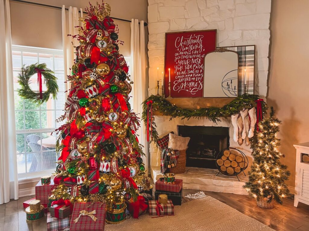 Christmas Tree decorated with Nutcracker accents in front of decorated fireplace