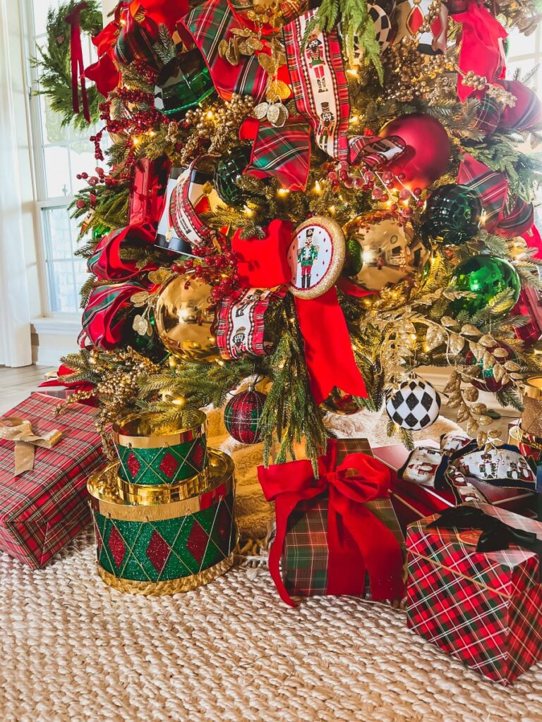 Beautifully decorated Christmas Tree surrounded by wrapped presents