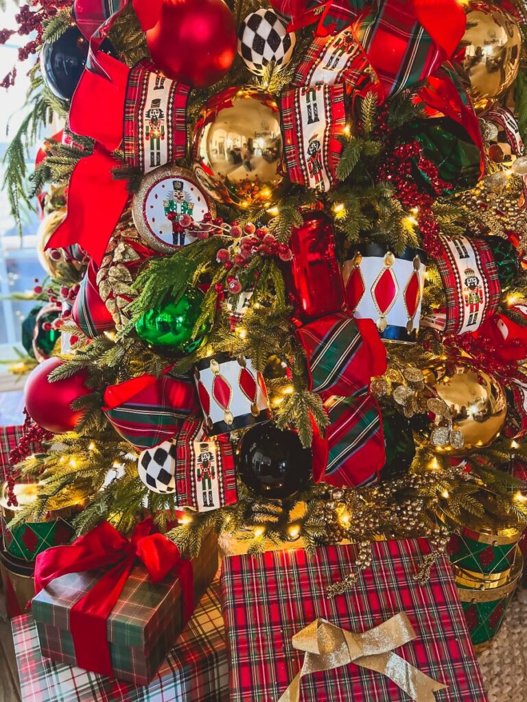 Nutcraker-Themed Ribbons and bows on Christmas Tree