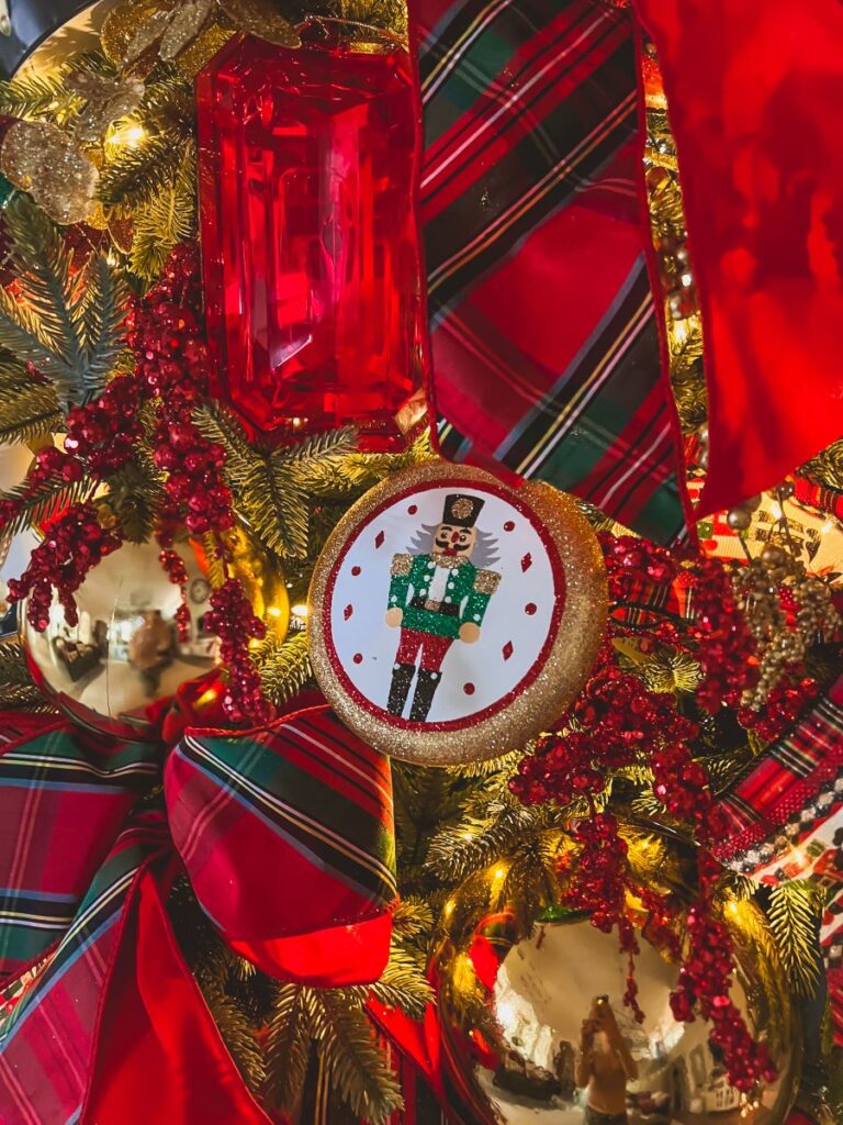 Close-Up of Nutcracker ornament on decorated Christmas tree