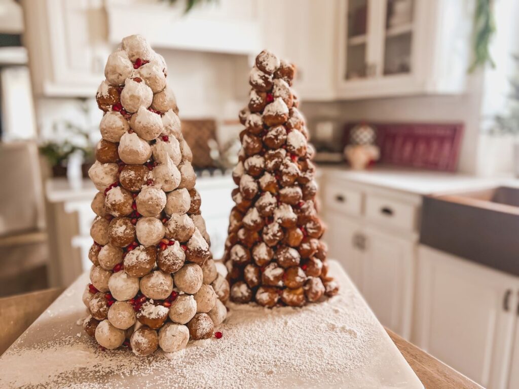 Donut Christmas Tree Tower Sprinkled with Powdered Sugar