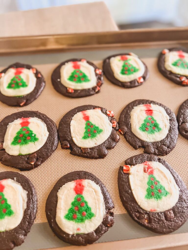 Close-up of holiday cookies with Christmas tree design