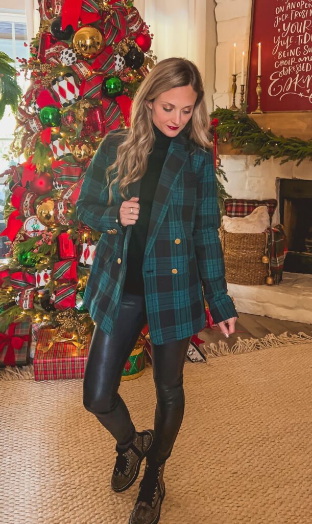 Holiday fashion with blue and green plaid blazer