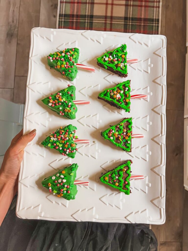 Triangle Christmas tree brownies on a tree platter