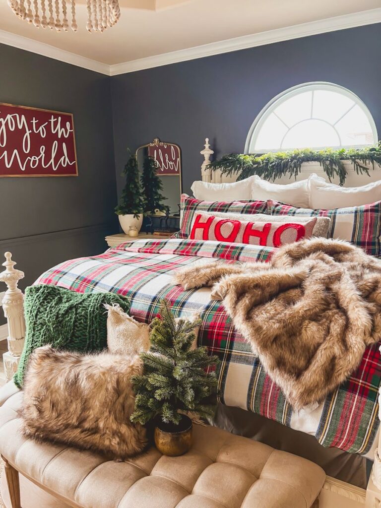 Bedroom with "Joy to the World" sign