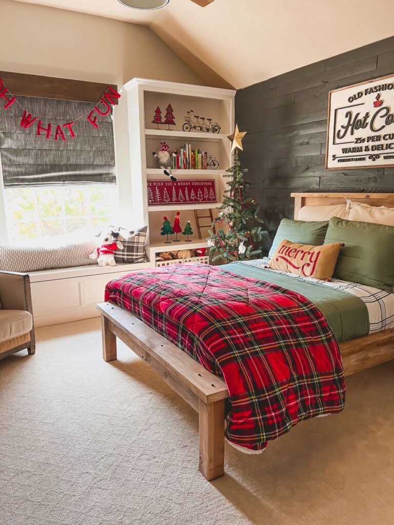 Boys Bedroom with holiday sign and garland