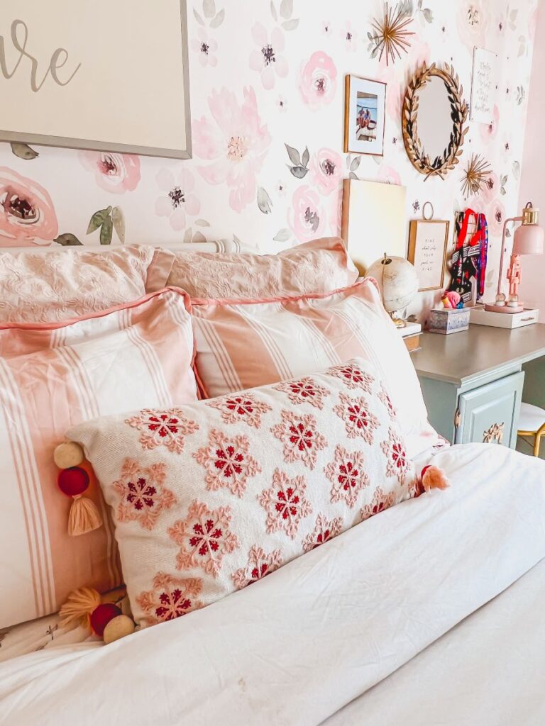 Festive pillow on girl's bedding set