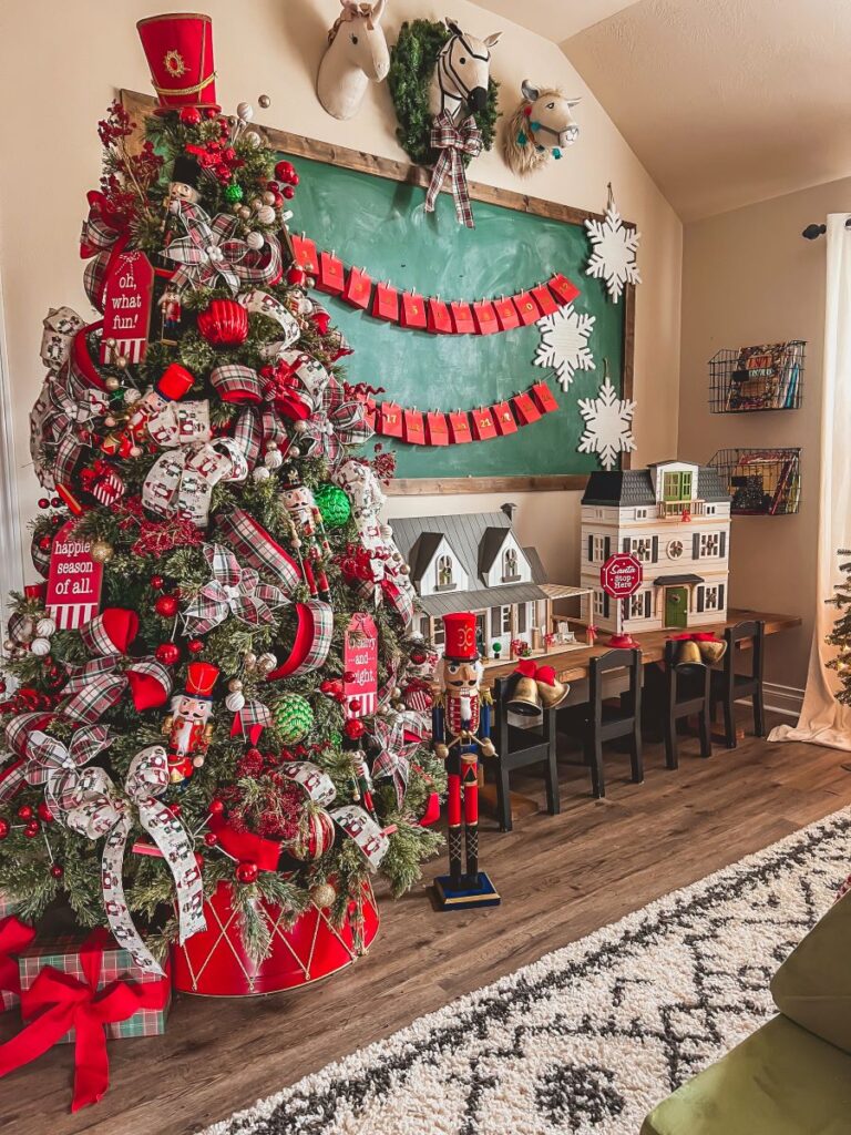 Kids' playroom decorated for the holidays