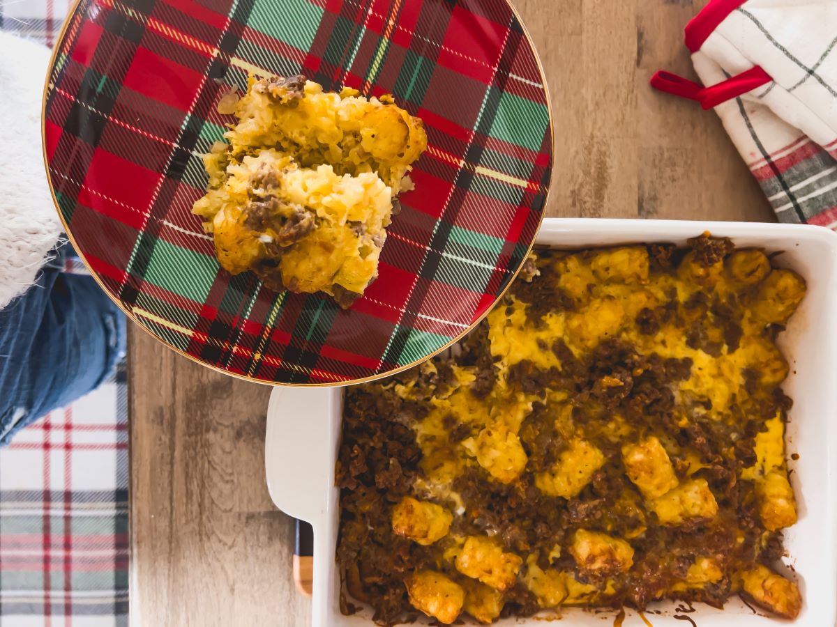 Tater Tot Casserole with Plaid Plate
