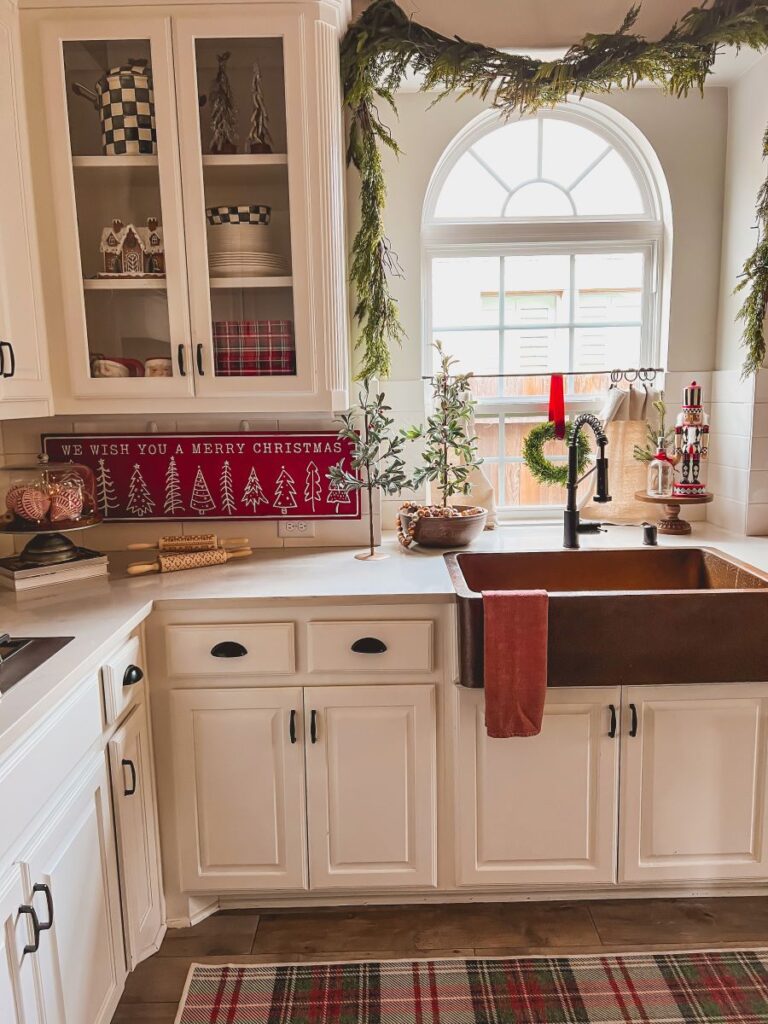 Red Merry Christmas Sign in festive kitchen