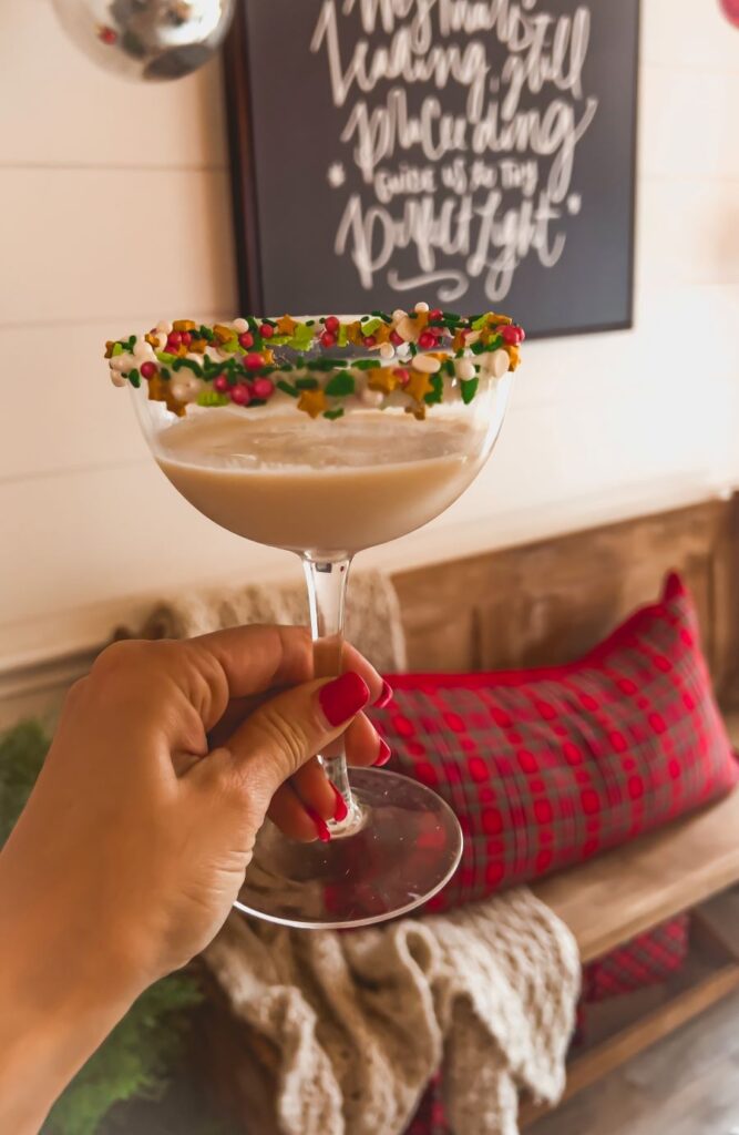 Sugar Cookie Martini with festive background