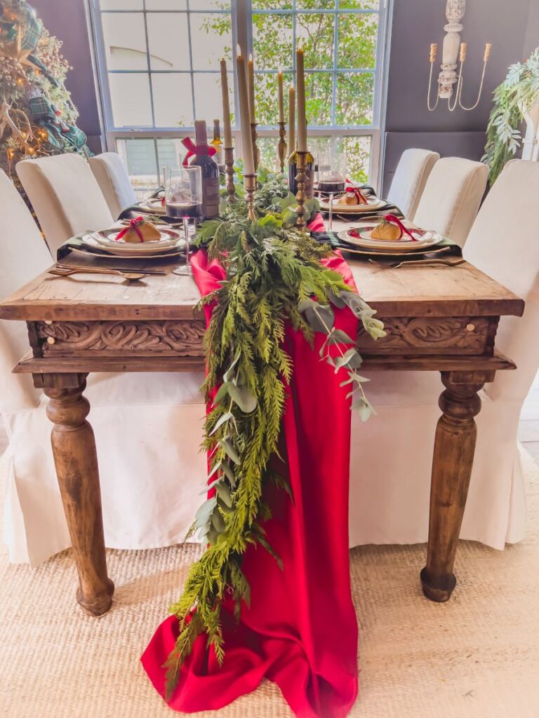 red runner on a beautifully decorated Christmas table