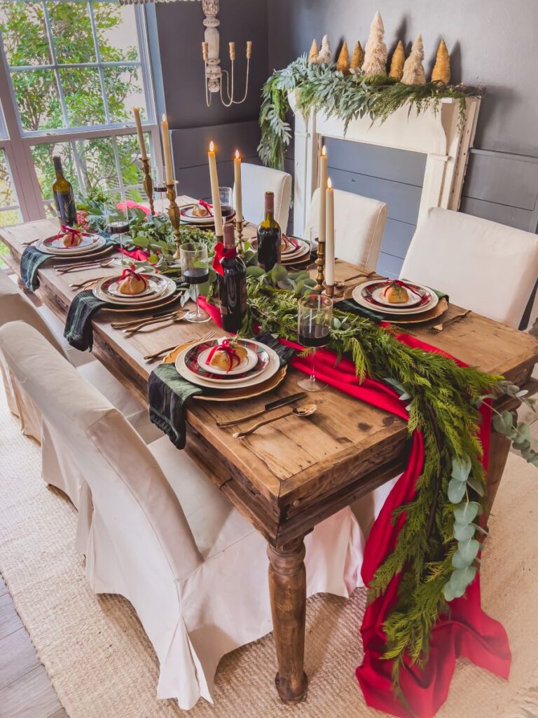 table with garland, plaid, and gold accents