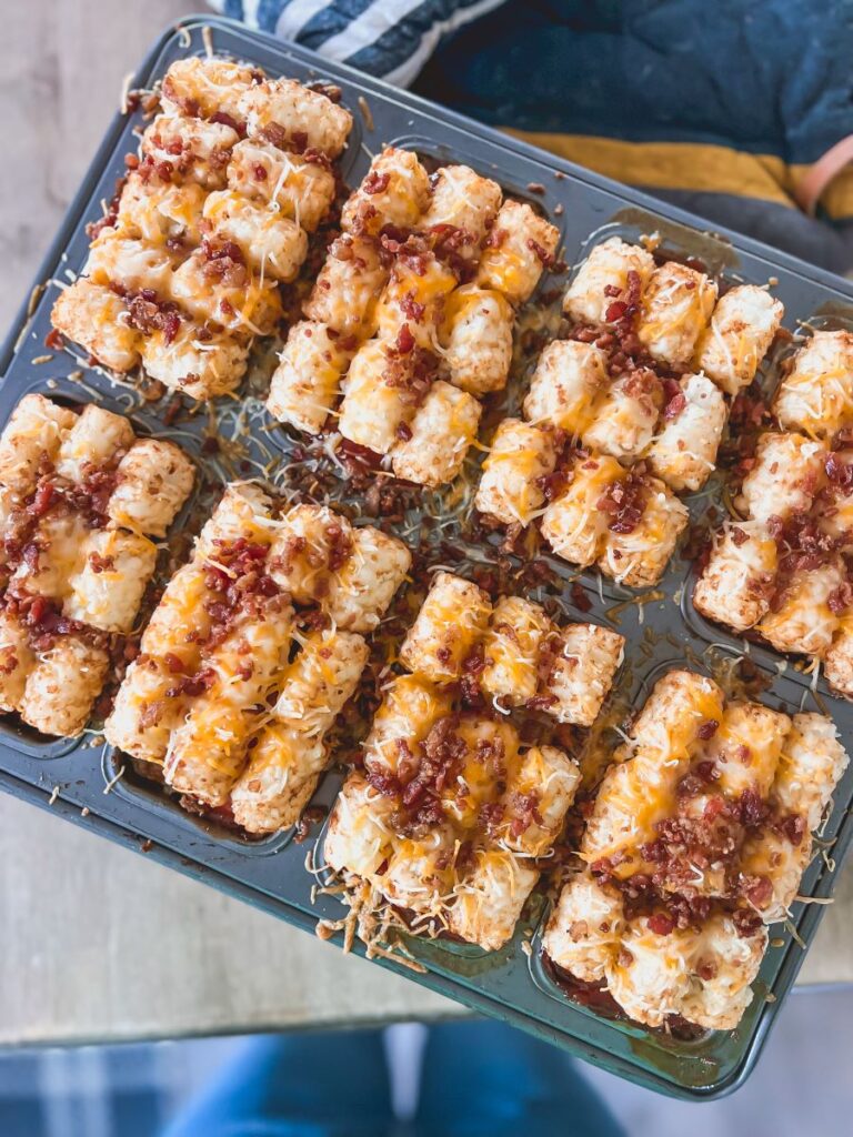 Melted Mini Tater Tot Meatloaf in a baking tin
