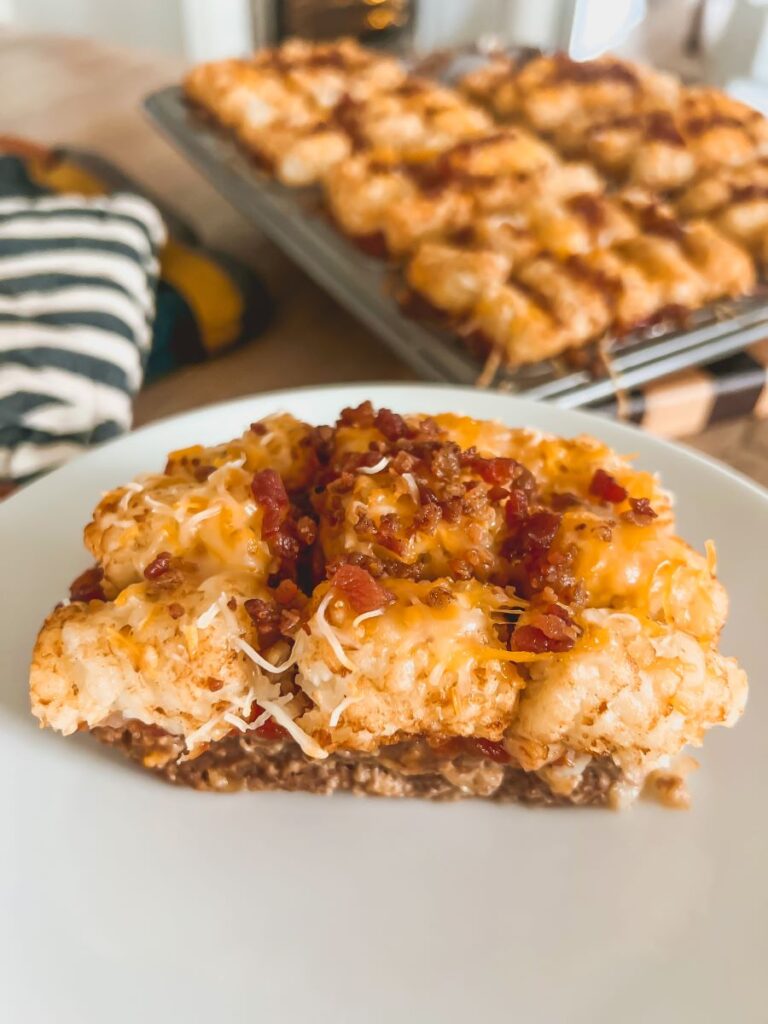 Tater Tot Meatloaf on a white serving dish
