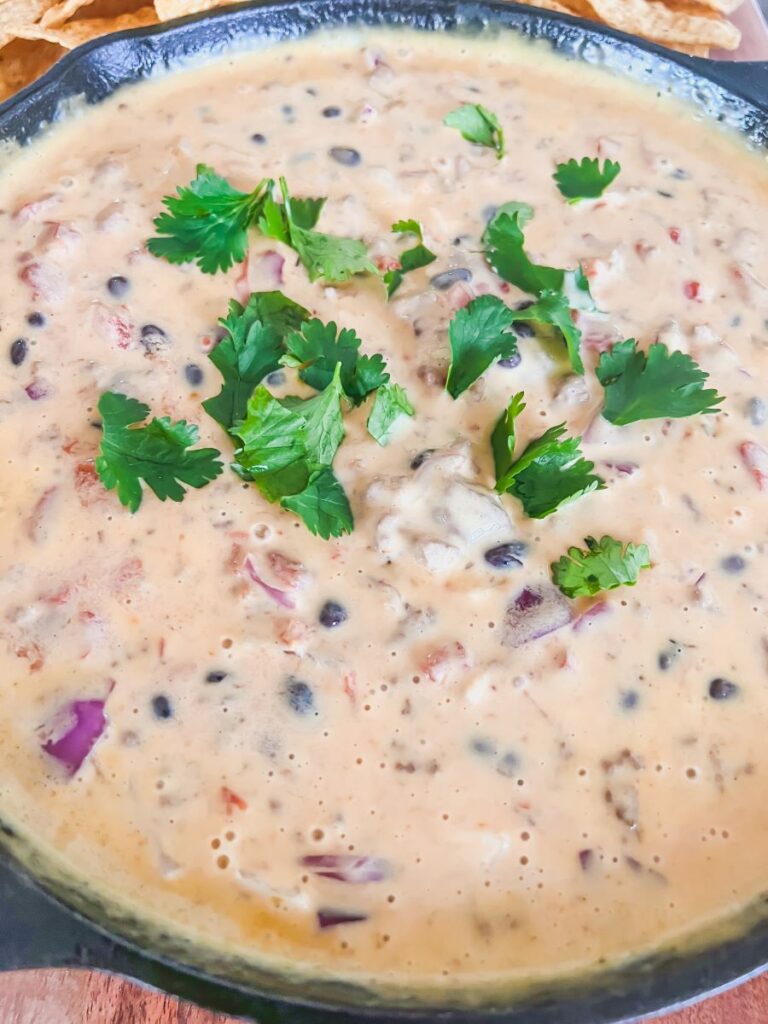 Close-up of loaded queso beer dip