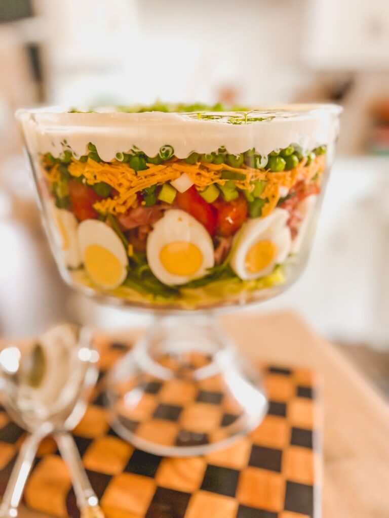 Close up of salad in trifle dish