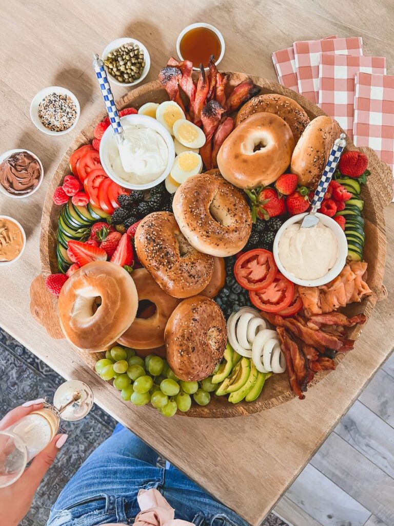 Assortment of Snack Boards with bagels and fruits