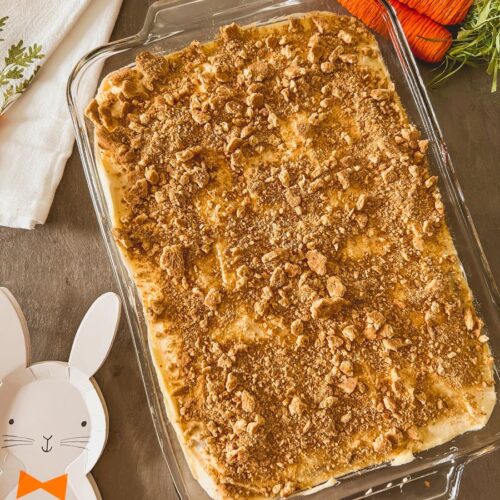 Carrot Poke Cake with Easter Decorations