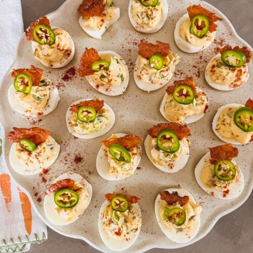 Jalapeño Popper Deviled Eggs on a tray