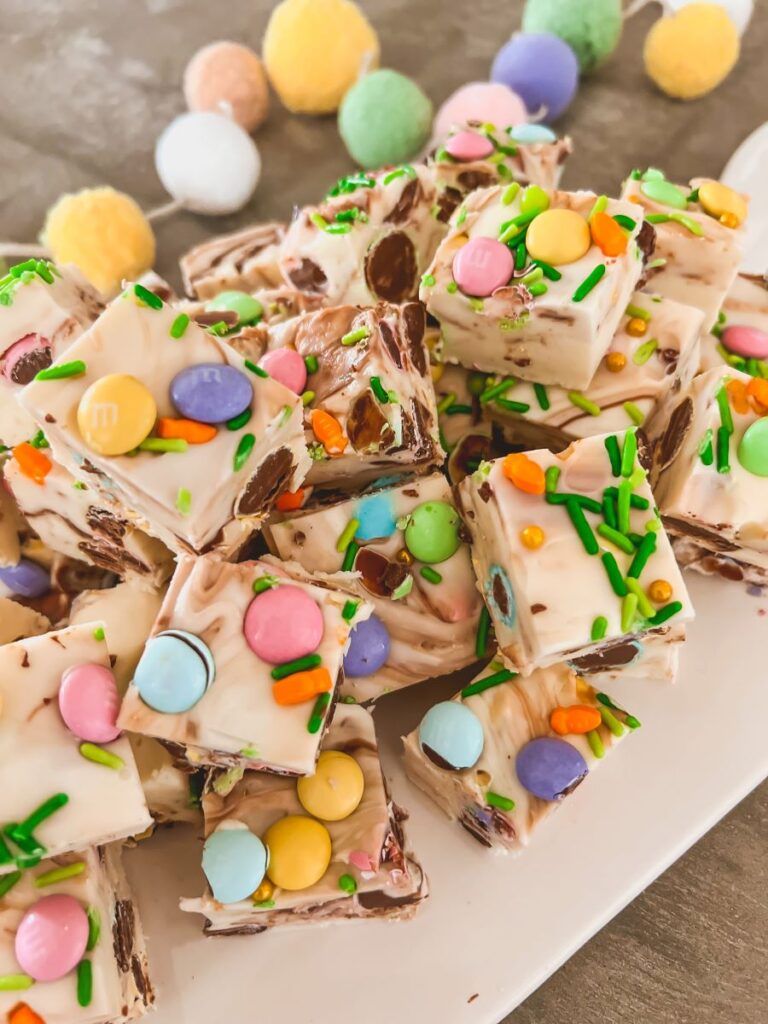Close-up of Easter Fudge made from white chocolate