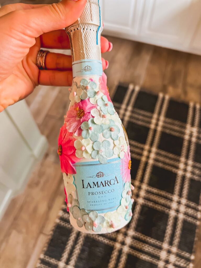 Champagne Bottle with pink flowers