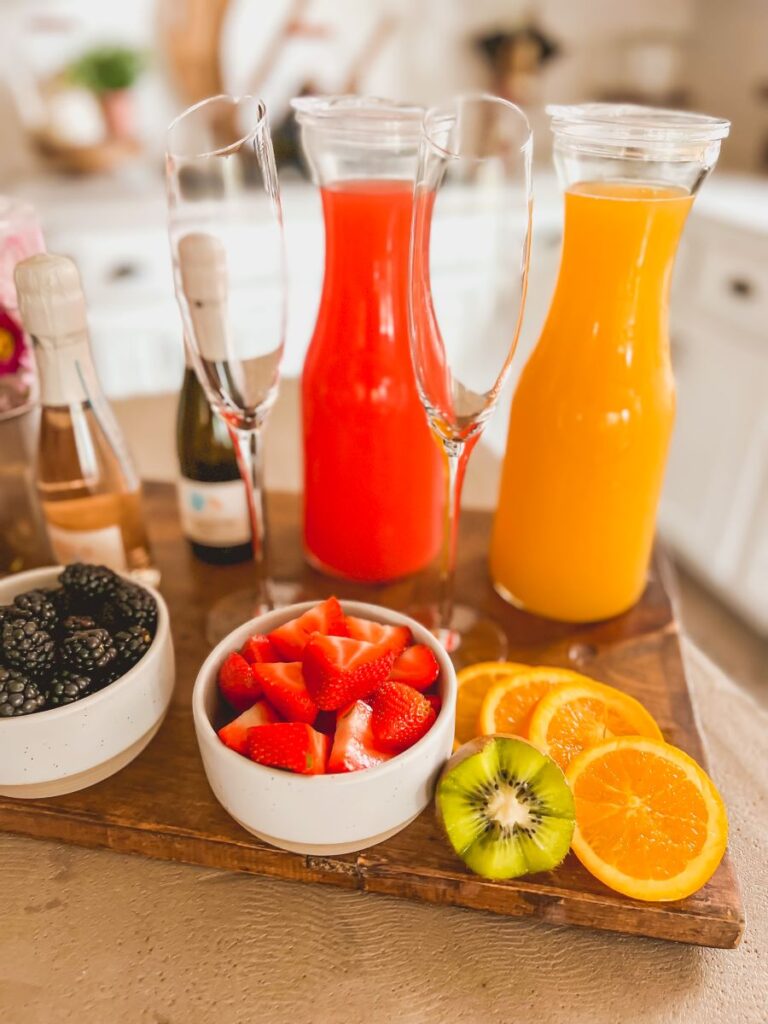 Juices in carafes for a momosa board