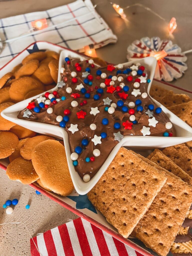 Close-up of Brownie Batter Dip with Patriotic Sprinkles