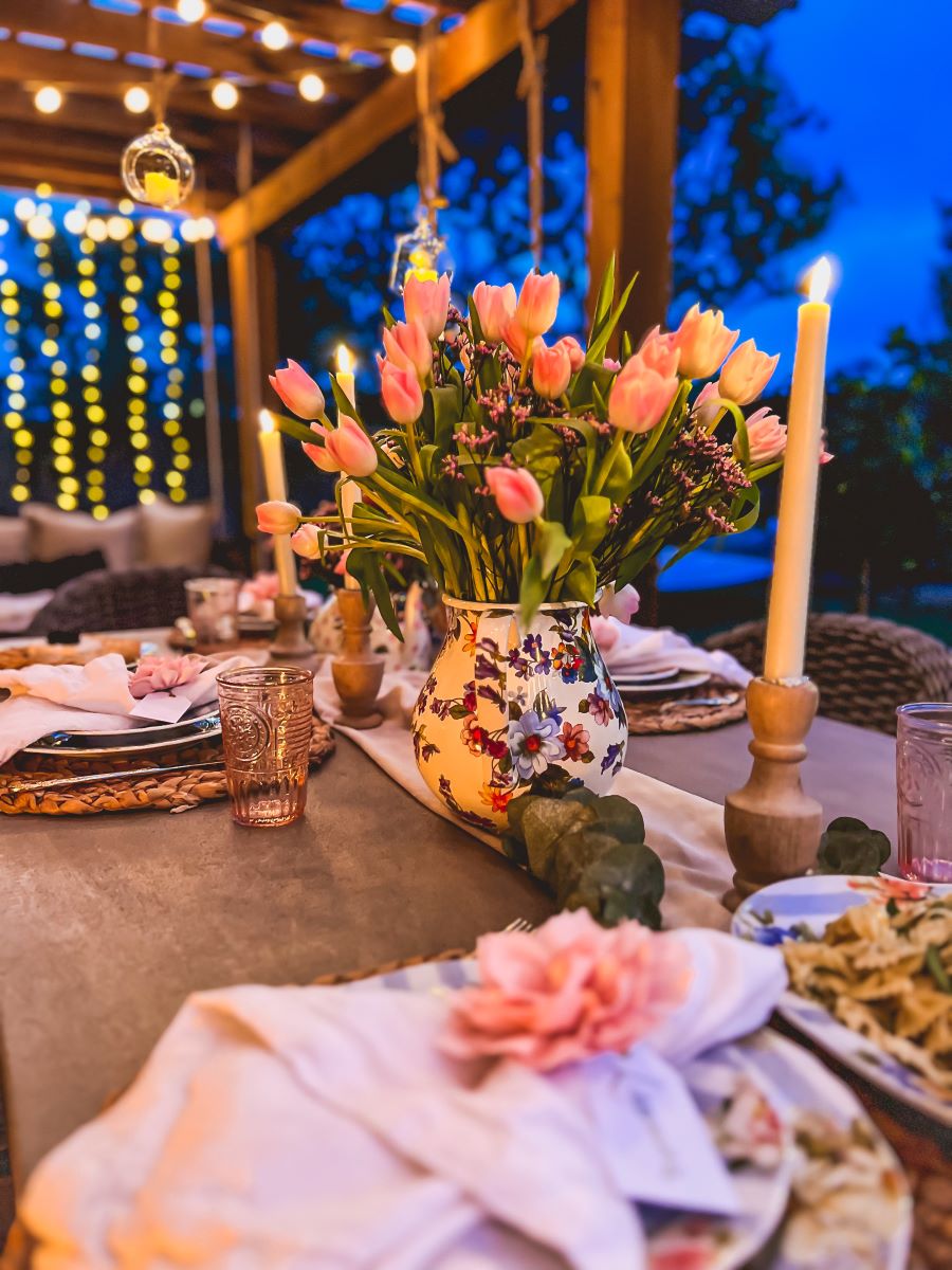 Garden Party Decor with Floral Vases and Candles