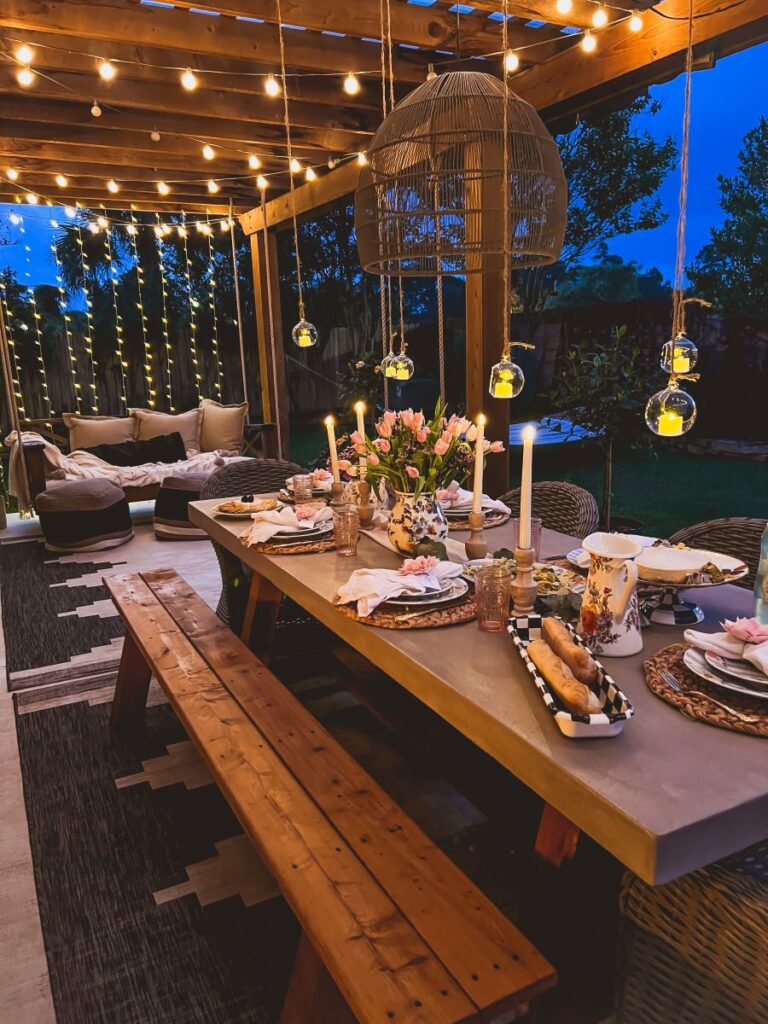 Beautiful Garden Party Tablescape with twinkle lights